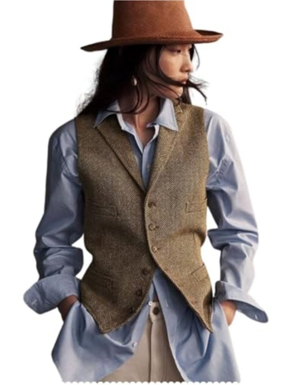 Womens Herringbone Tweed Waistcoat Sleeveless Blazer Vest Office Work Suit